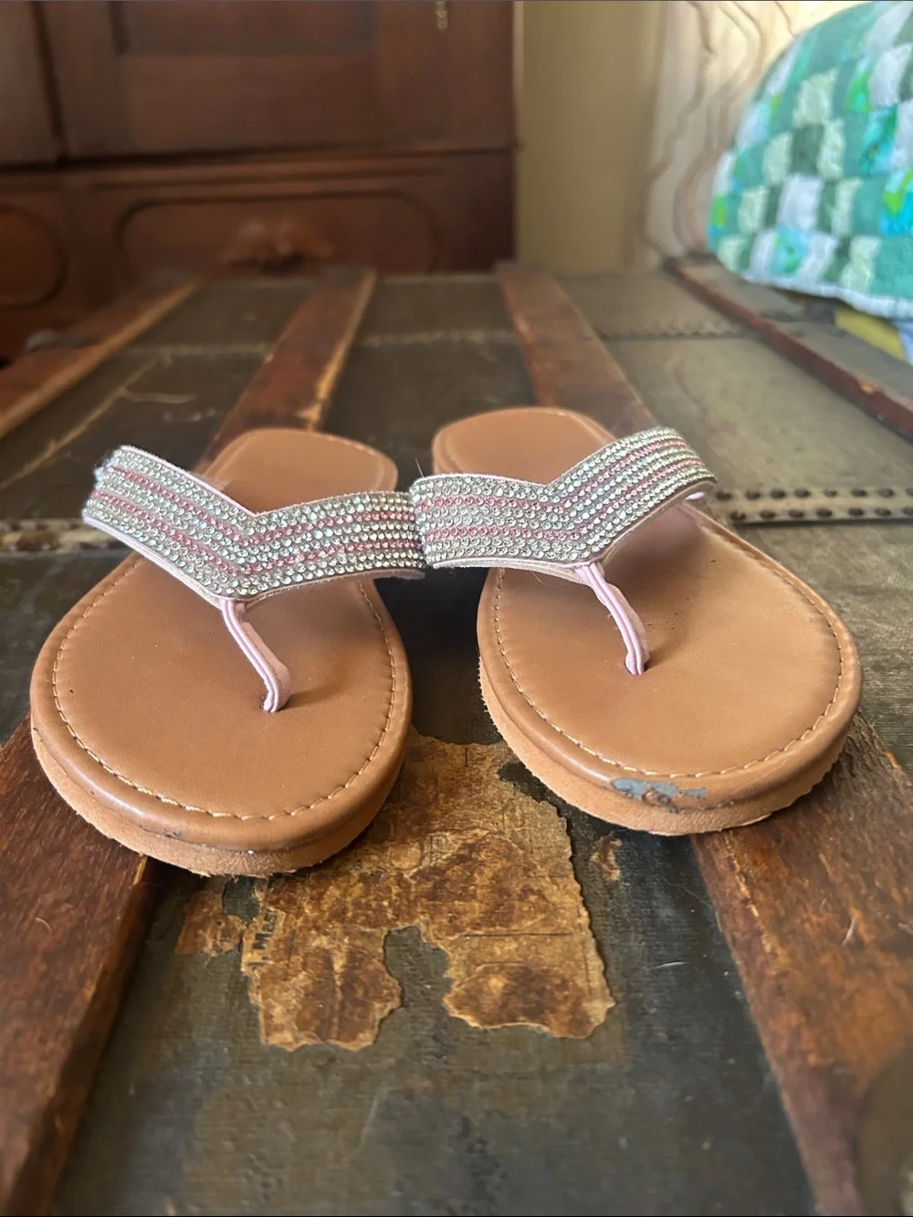 Embellished Pink Strap Brown Footbed Flip Flops